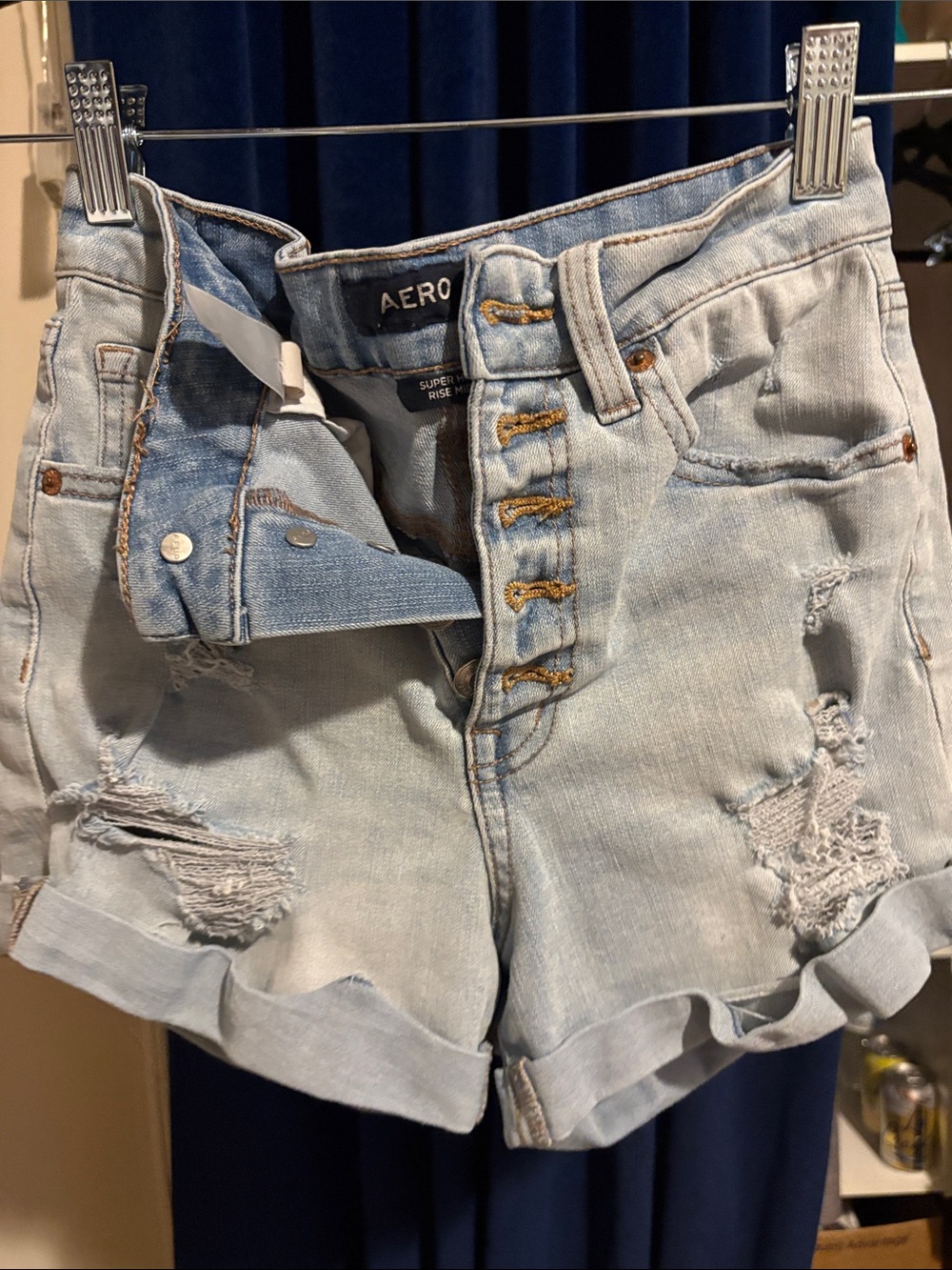 Aero Light Blue High-Rise Distressed Denim Shorts